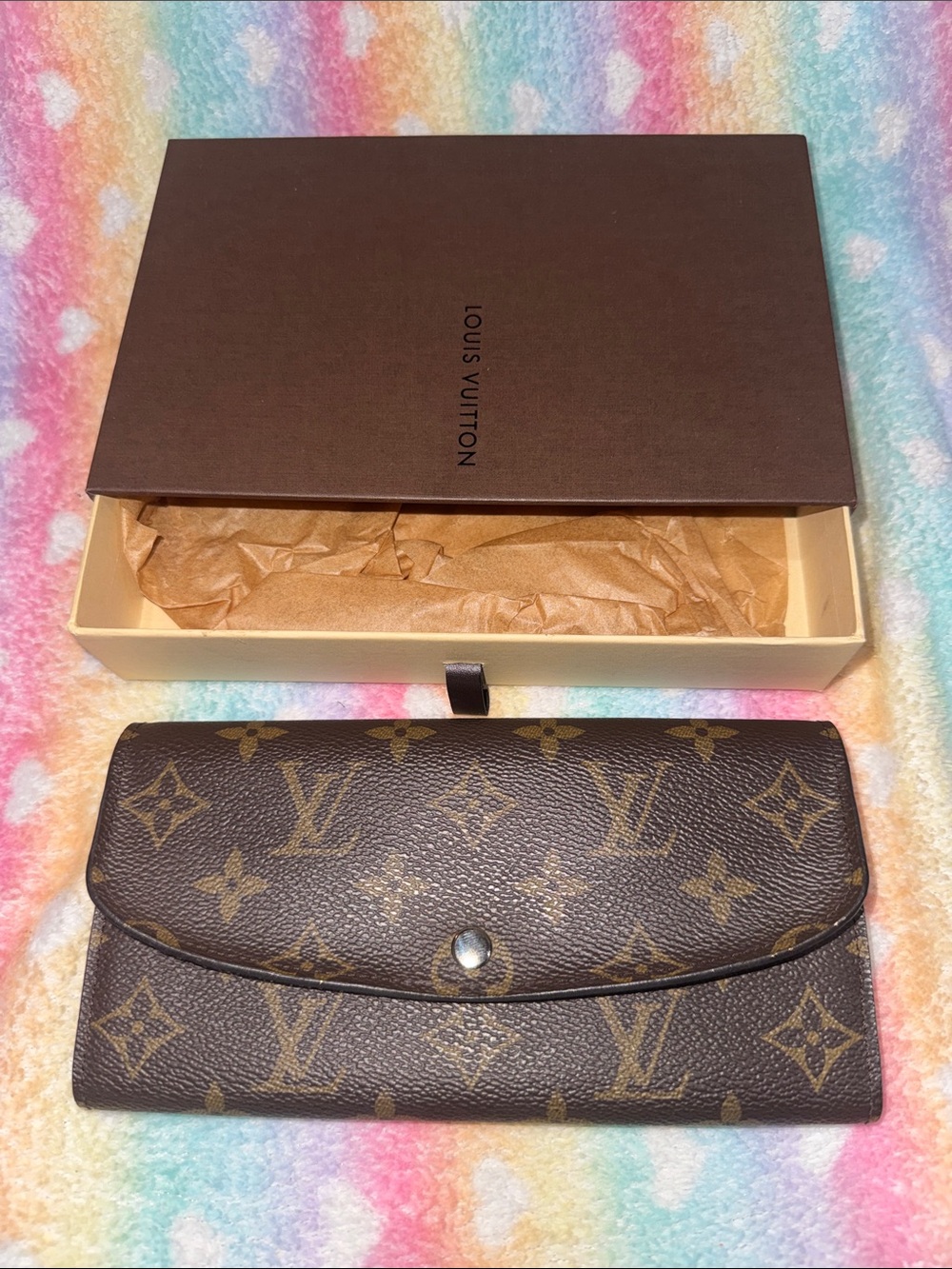 Louis Vuitton Brown and Yellow guts Monogram Continental Wallet with Box. 10/10